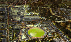 Artist impression, aerial view of new town and stadium.