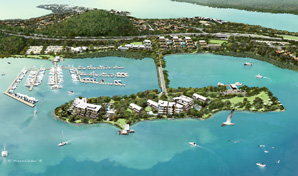 Artist impression, aerial view of island apartment complex and yacht mooring.