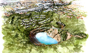 Artist impression, watercolour aerial view of residential complex.