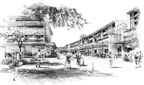 Artist Impression, black, white and colour mixed media sketch of retail zone.