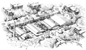 Artist impression, aerial black and white sketch of converted old brick works.
