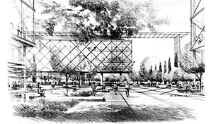 Artist impression, black and white sketch of offices.