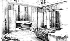 Artist impression, black and white sketch of hotel bedroom.
