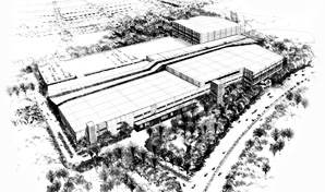 Artist impression, black and white aerial sketch of shopping centre.