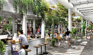 artist impression, exterior view of people and cafes.
