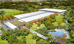 Artist Impression, aerial view of low rise residential set in natural bird wildife water park.