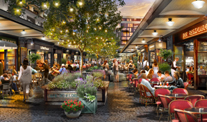 artist impression, exterior night view of restaurants and cafes.