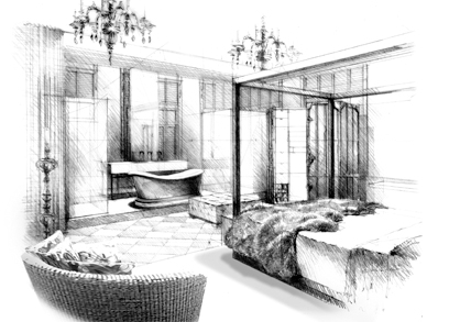 Bedroom black and white sketch