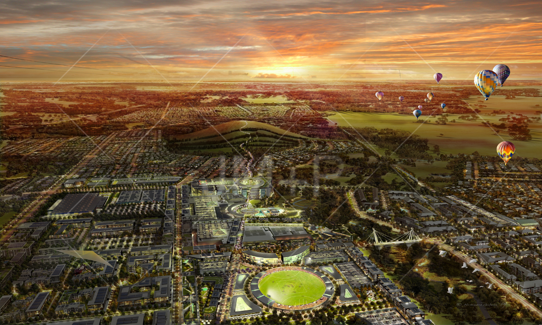 Artist impression, aerial view of new town and stadium.