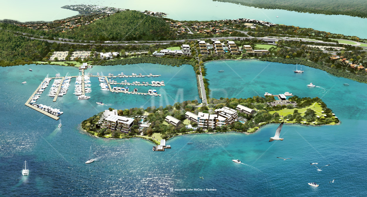 Artist impression, aerial view of island apartment complex and yacht mooring.