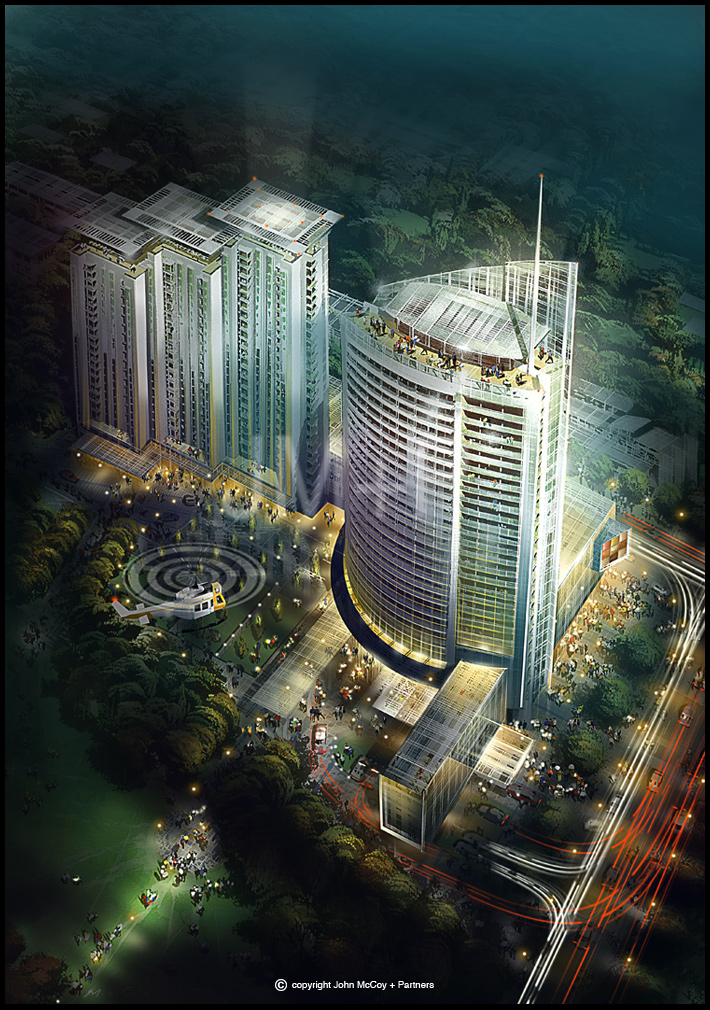 Artist impression, aerial view of office and residential towers.