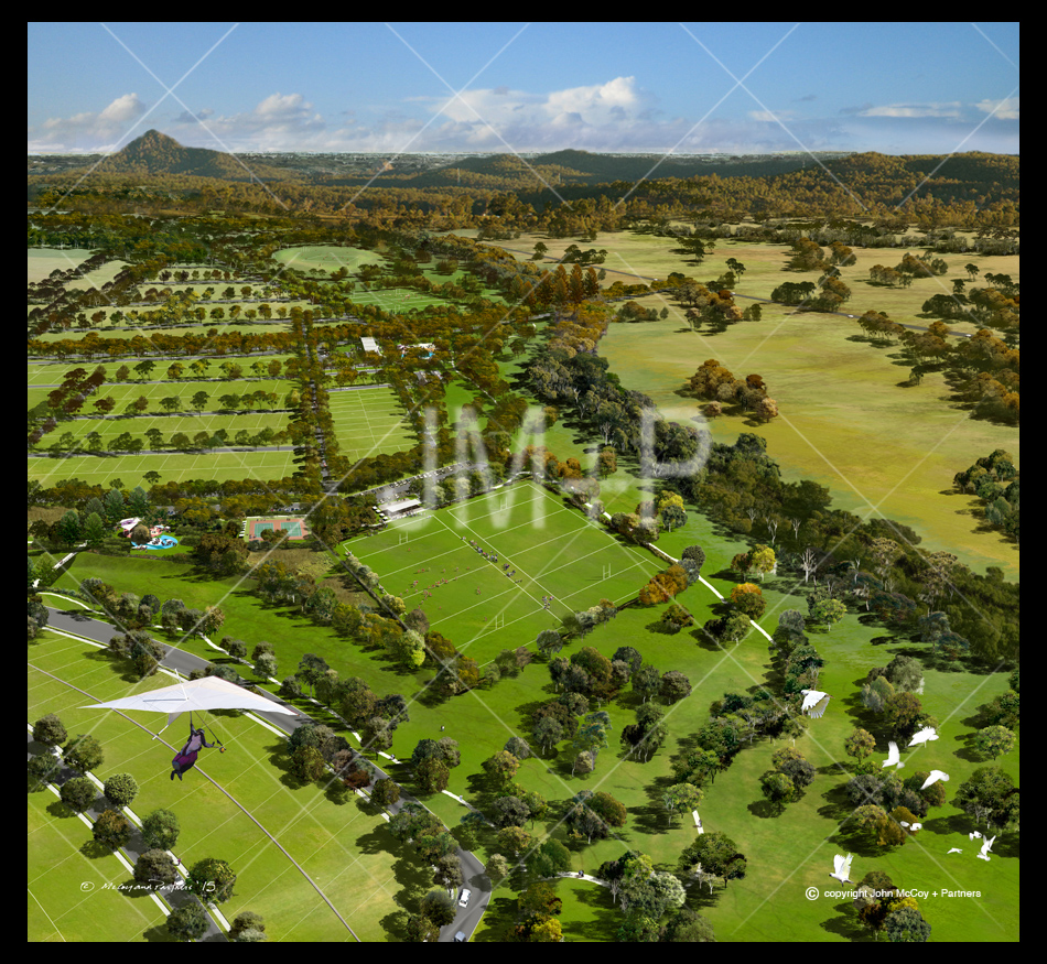 Artist impression, aerial view of residential land subdivision.