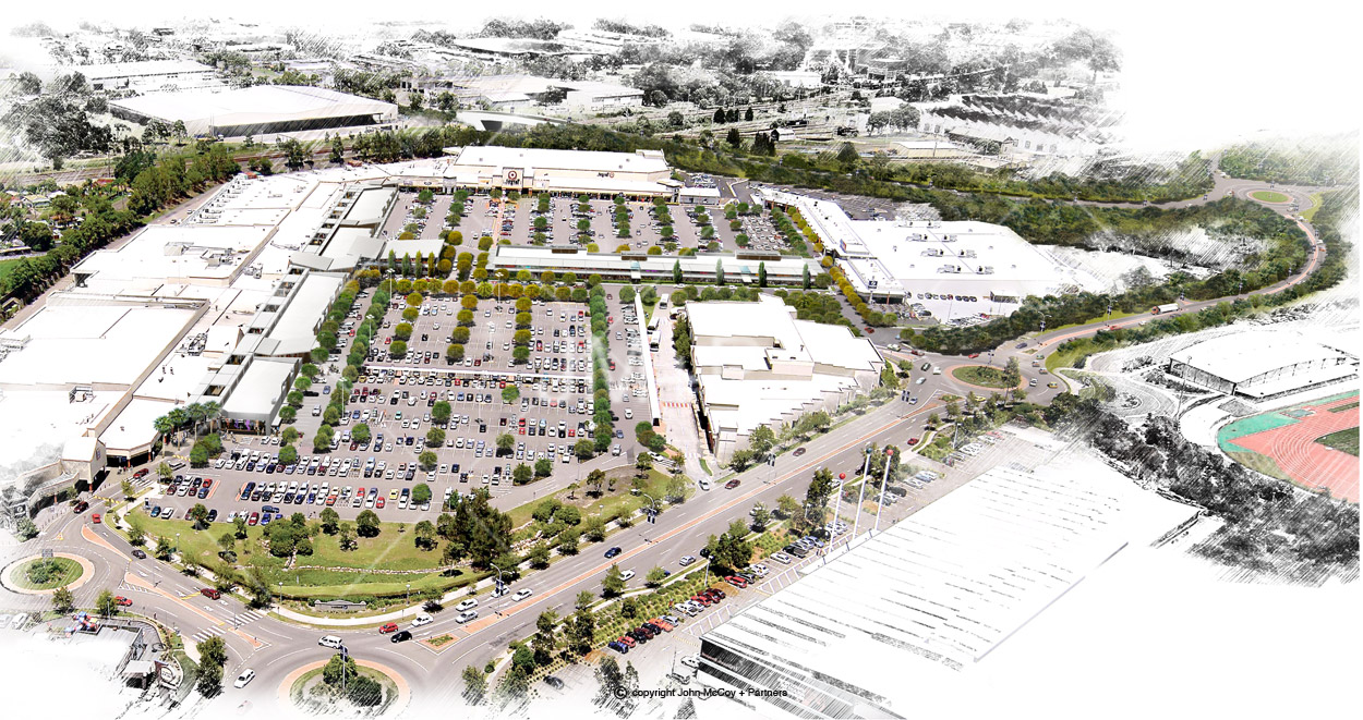 Artist impression, aerial view of shopping centre and parking.