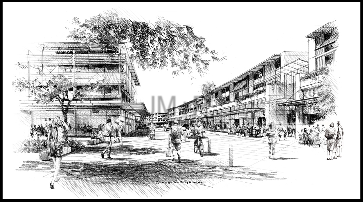 Artist impression, black, white and colour mixed media sketch of retail zone.