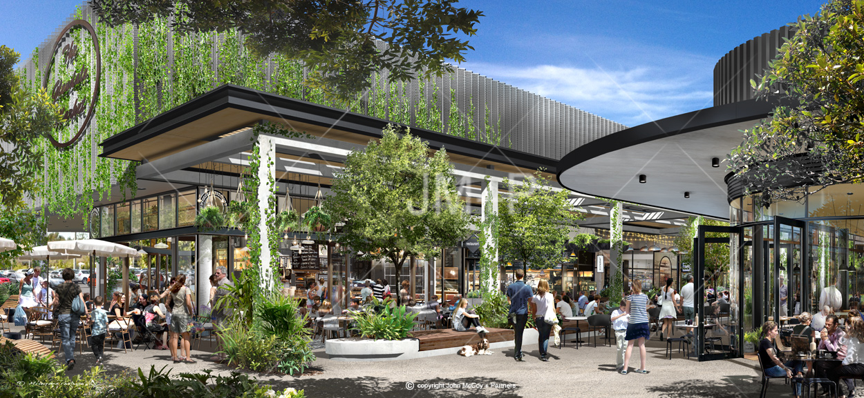 artist impression, exterior view of people, restaurants and cafes.